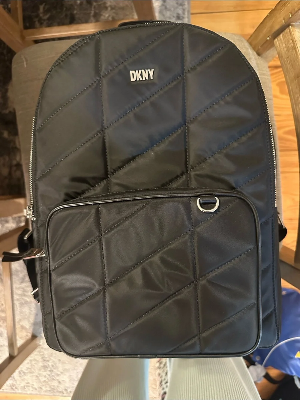 DKNY Black Quilted Nylon Backpack with Mini Pouch Charm